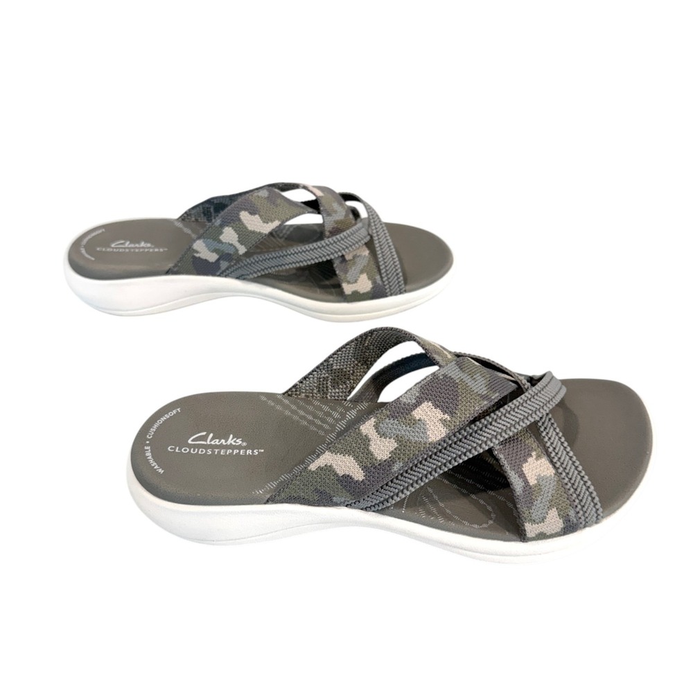 Clarks Mira Isle Cloudsteppers Slide Sandals Womens 7.5 Wide Khaki Camo Comfort